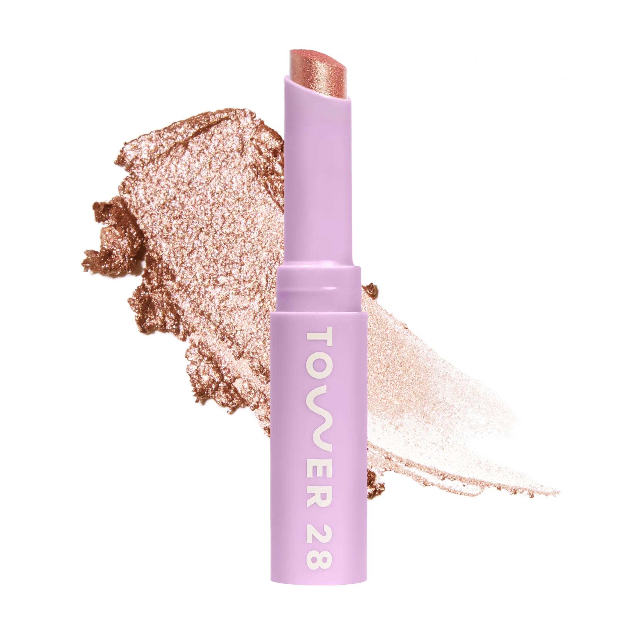 Eyeshadow with glittery texture and 'Tower 28' branding on a white background [Avalon]