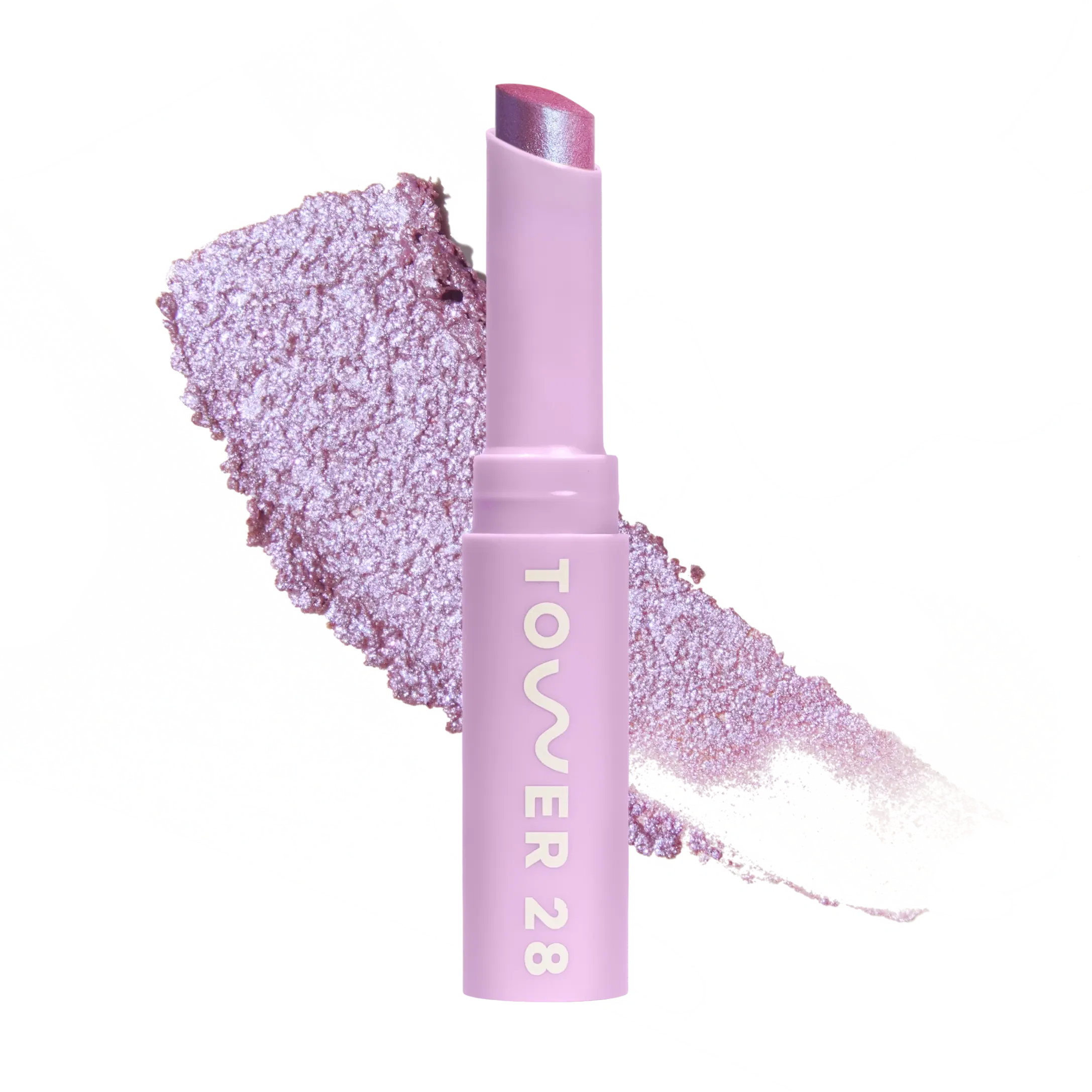 Eyeshadow with glittery texture and 'Tower 28' branding on a white background [Garden]