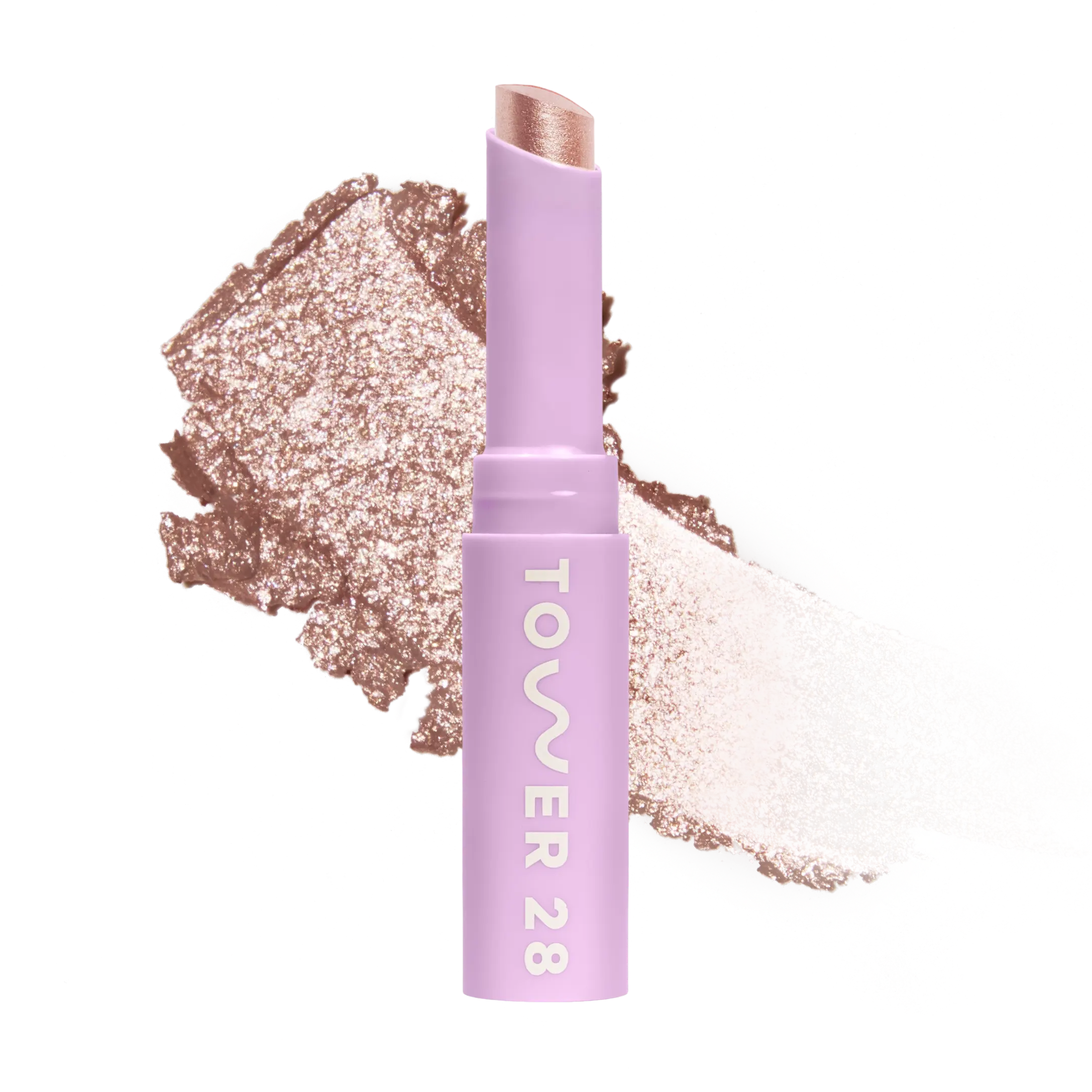 Eyeshadow with glittery texture and 'Tower 28' branding on a white background [Roxy]