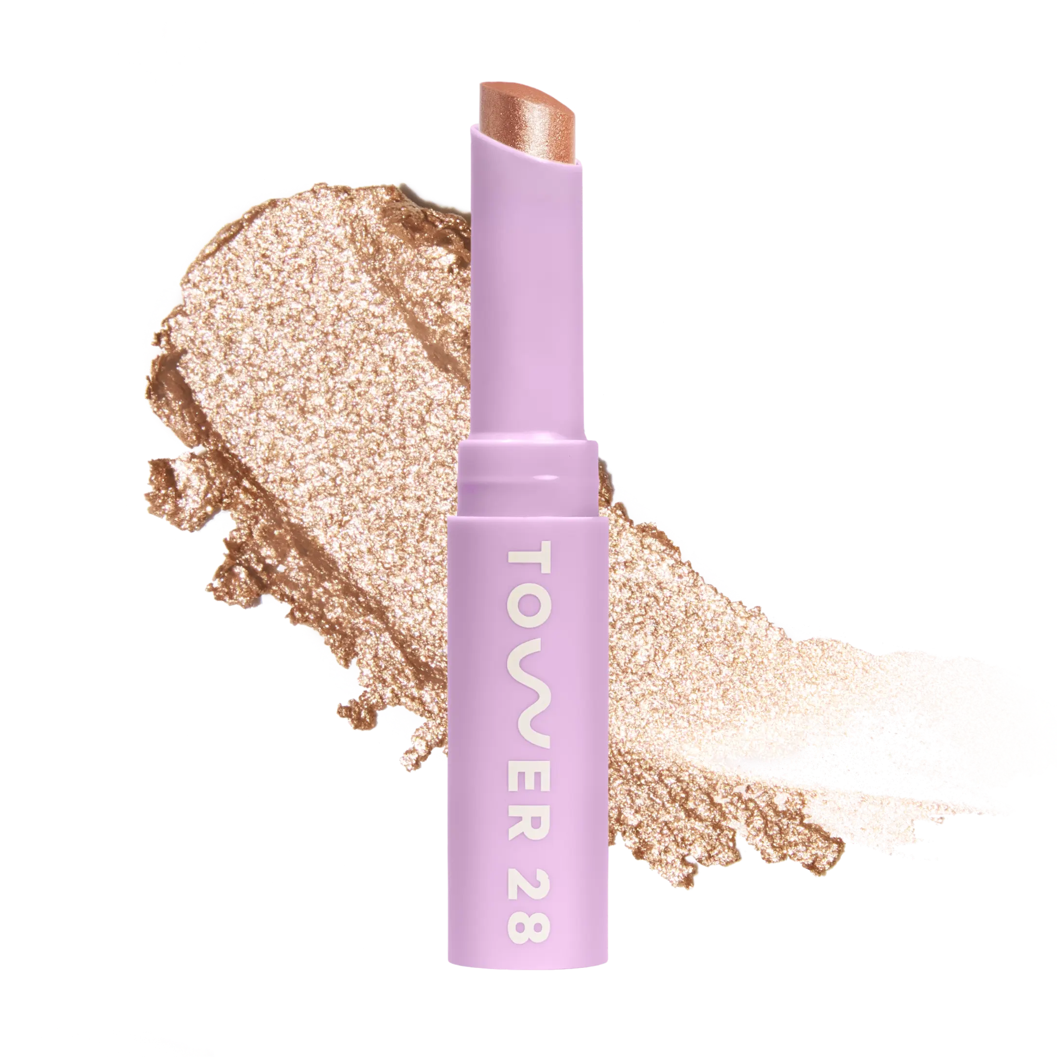 Eyeshadow with glittery texture and 'Tower 28' branding on a white background [Troubadour]