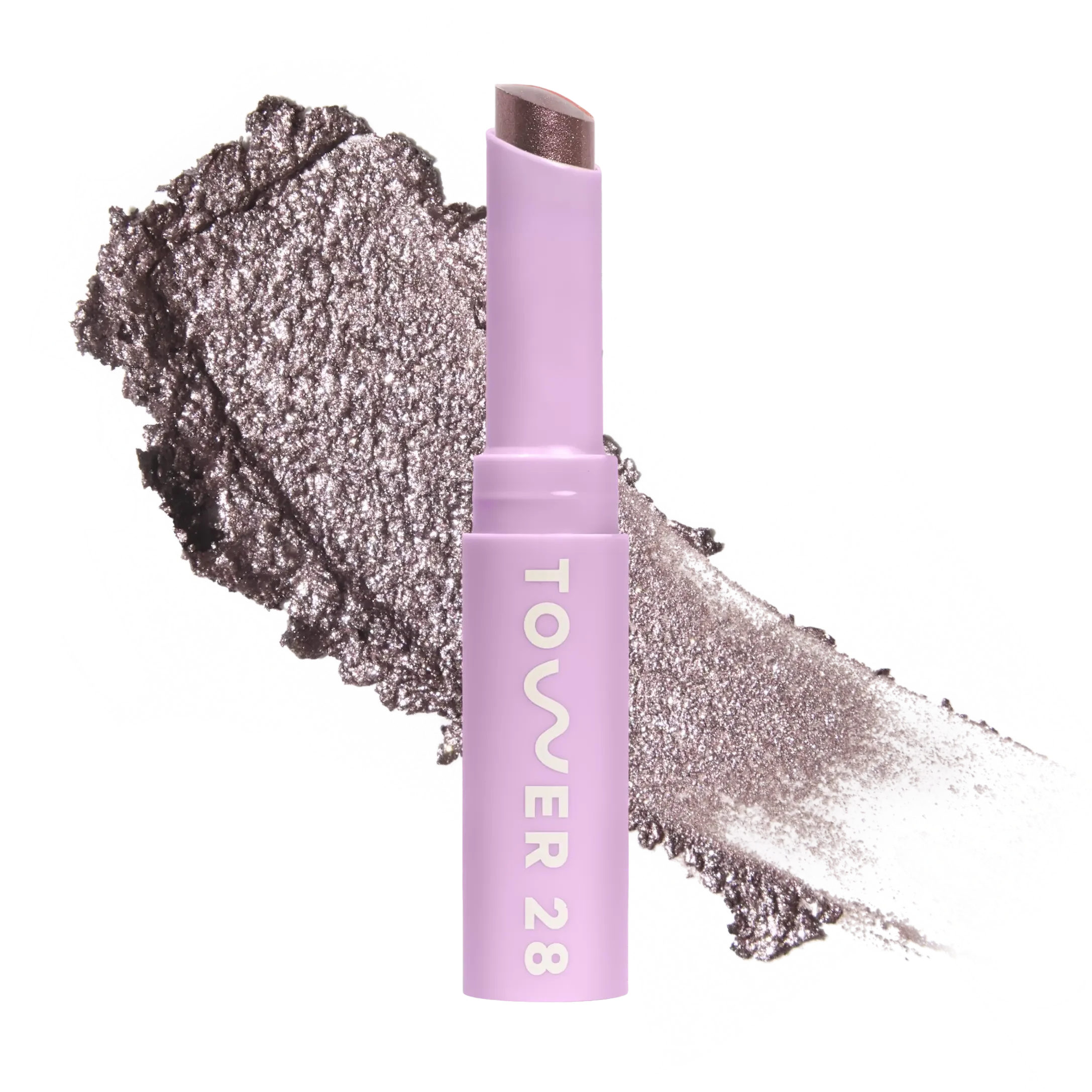 Eyeshadow with glittery texture and 'Tower 28' branding on a white background [Viper]