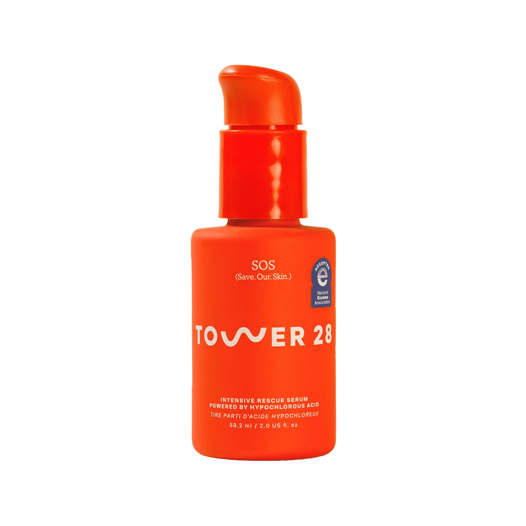 Orange bottle of Tower 28 SOS Rescue Serum on a white background [Shared]