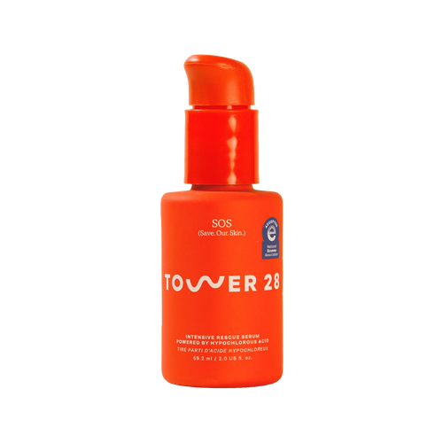 Orange bottle of Tower 28 SOS Rescue Serum on a white background [Shared]