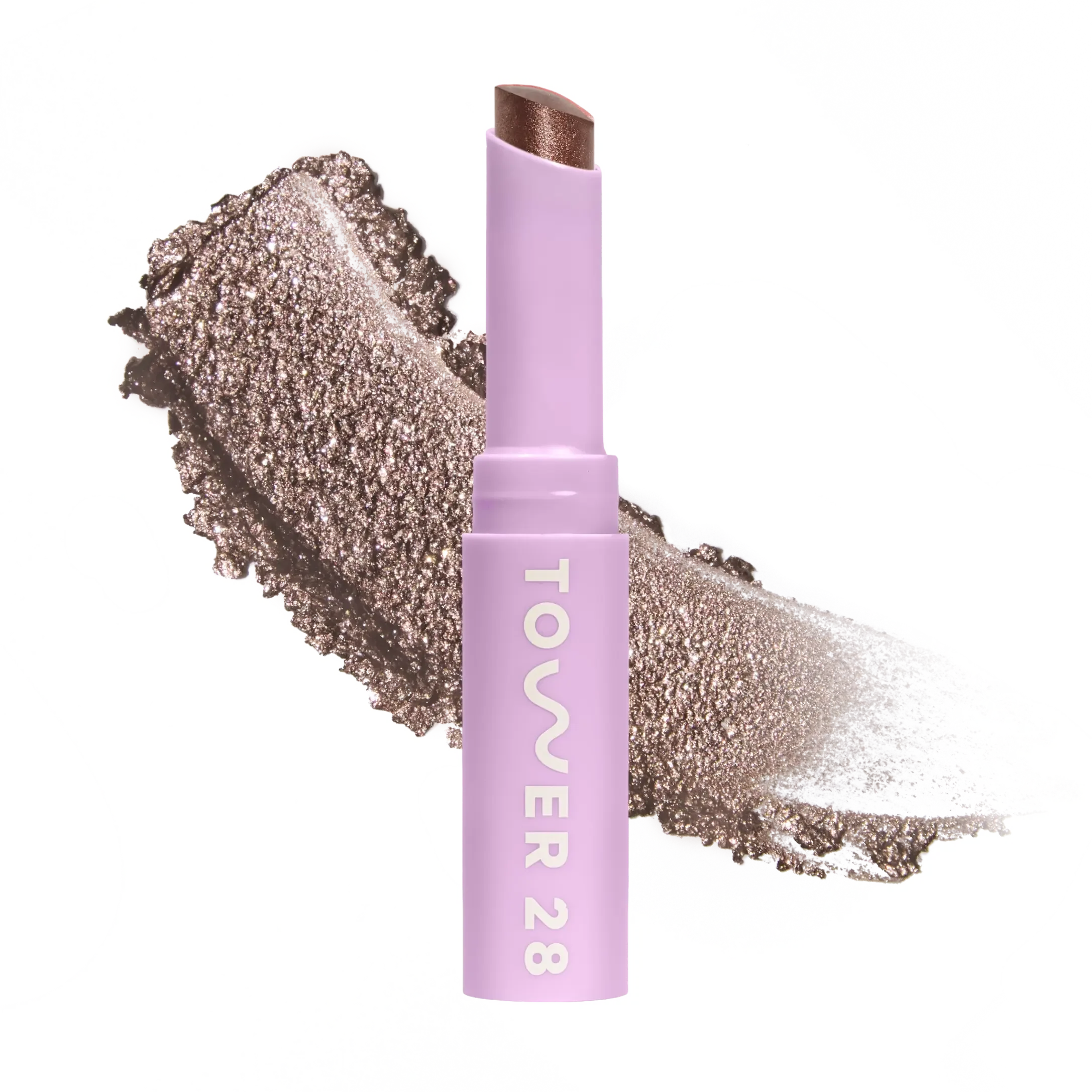 Eyeshadow with glittery texture and 'Tower 28' branding on a white background [Whisky]