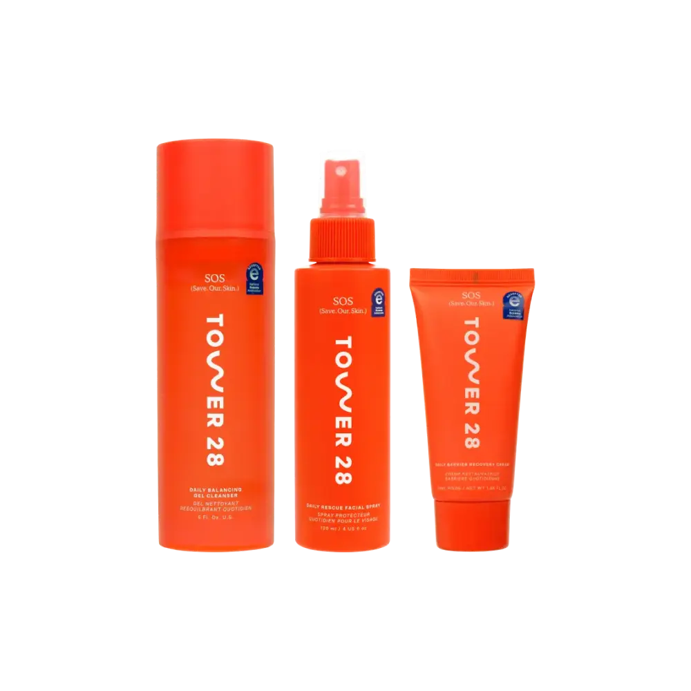 Tower 28 Beauty SOS 3-Step Skincare Kit: SOS Gel Cleanser, SOS Rescue Spray, and SOS Recovery Cream. [Shared]