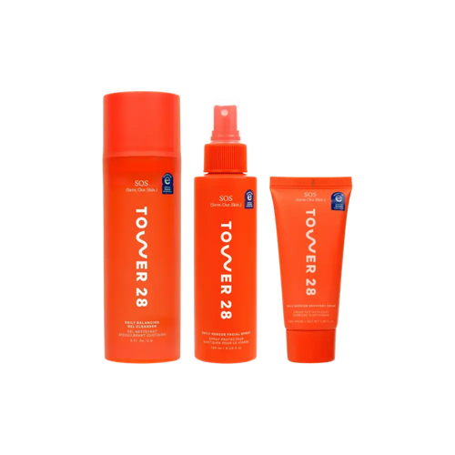 Tower 28 Beauty SOS 3-Step Skincare Kit: SOS Gel Cleanser, SOS Rescue Spray, and SOS Recovery Cream. [Shared]