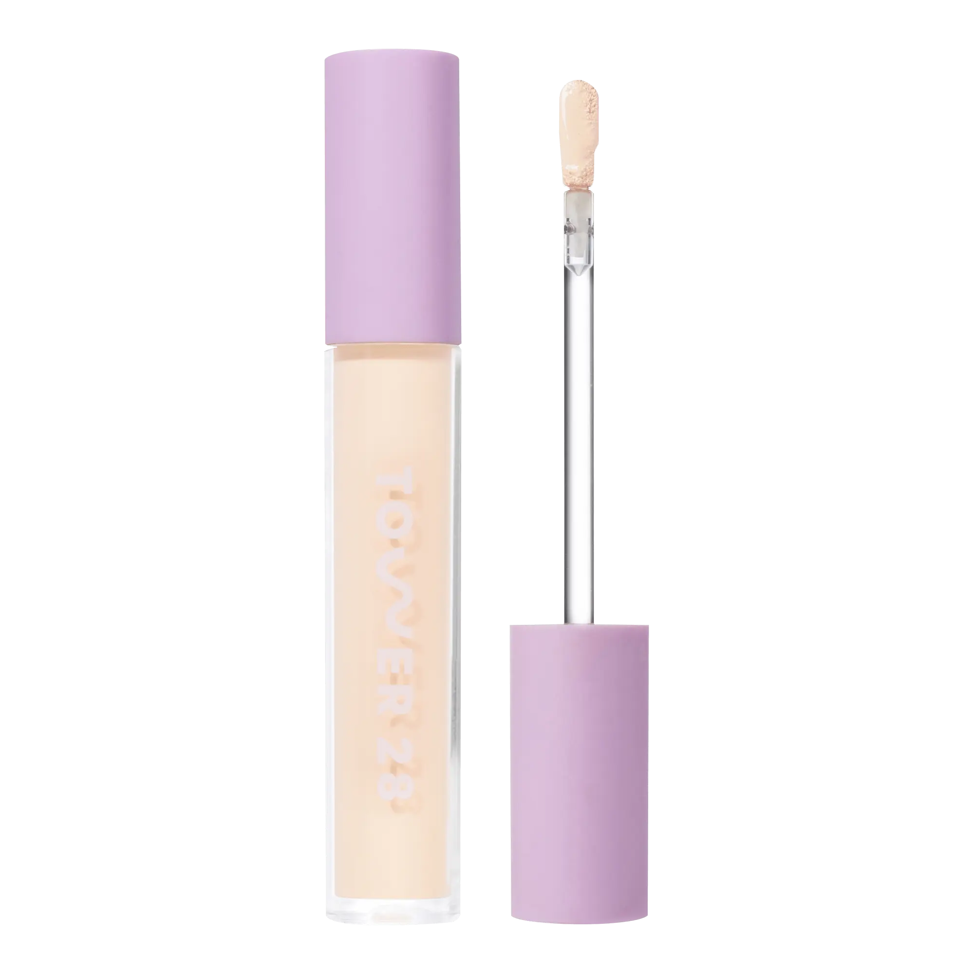 Tower 28 Beauty Swipe Serum Concealer in the shade 1.0 BH, shown with the tube standing upright next to the open applicator wand to reveal the product. [1.0 BH]