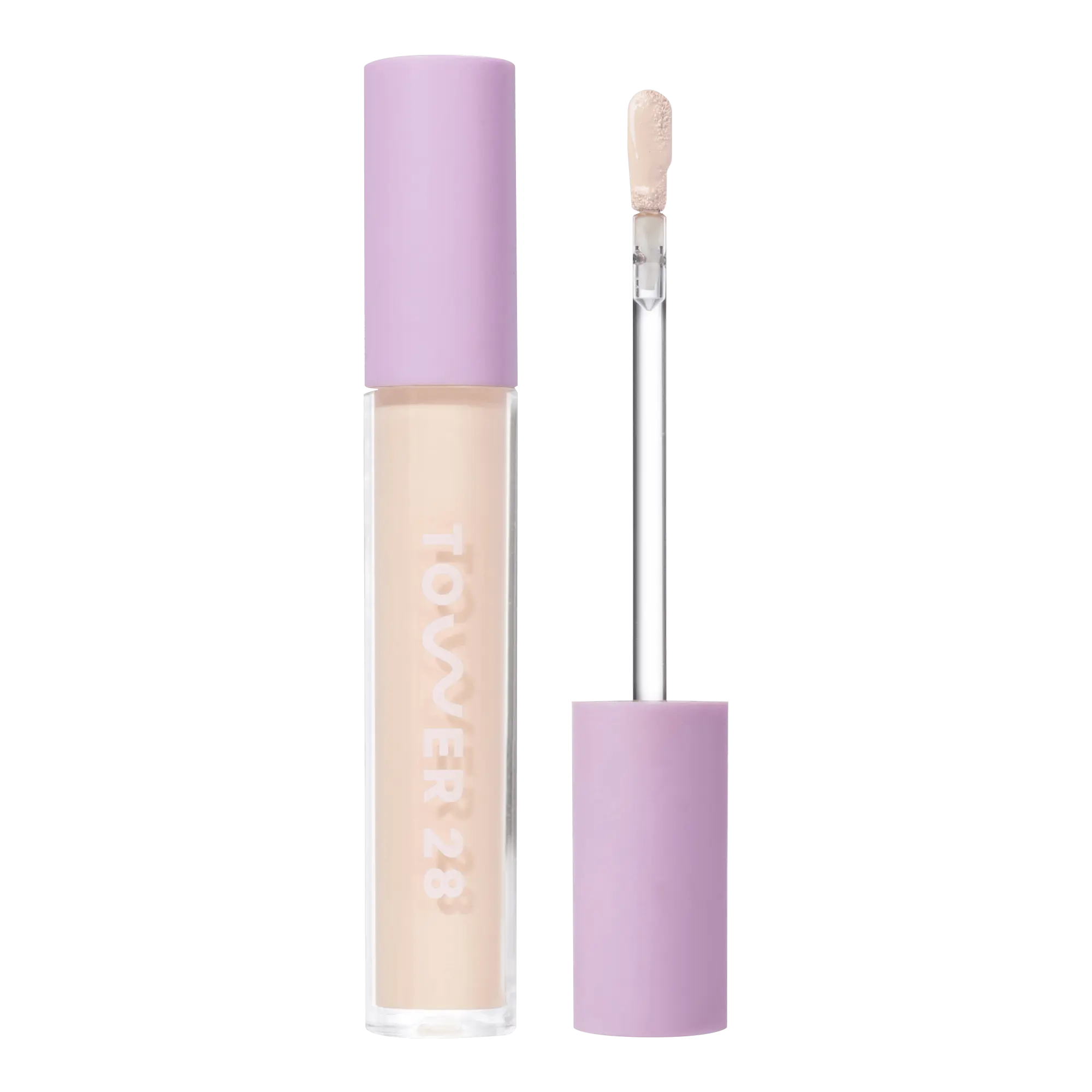 Tower 28 Beauty Swipe Serum Concealer in the shade 2.0 BU, shown with the tube standing upright next to the open applicator wand to reveal the product. [2.0 BU]