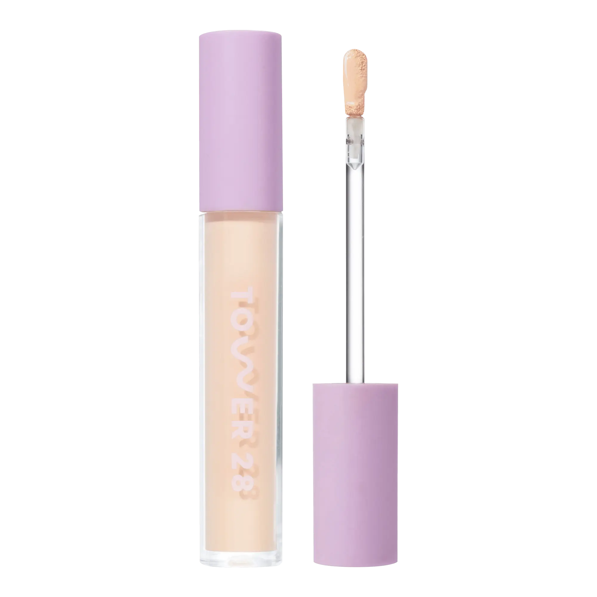 Tower 28 Beauty Swipe Serum Concealer in the shade 3.0 CC, shown with the tube standing upright next to the open applicator wand to reveal the product. [3.0 CC]