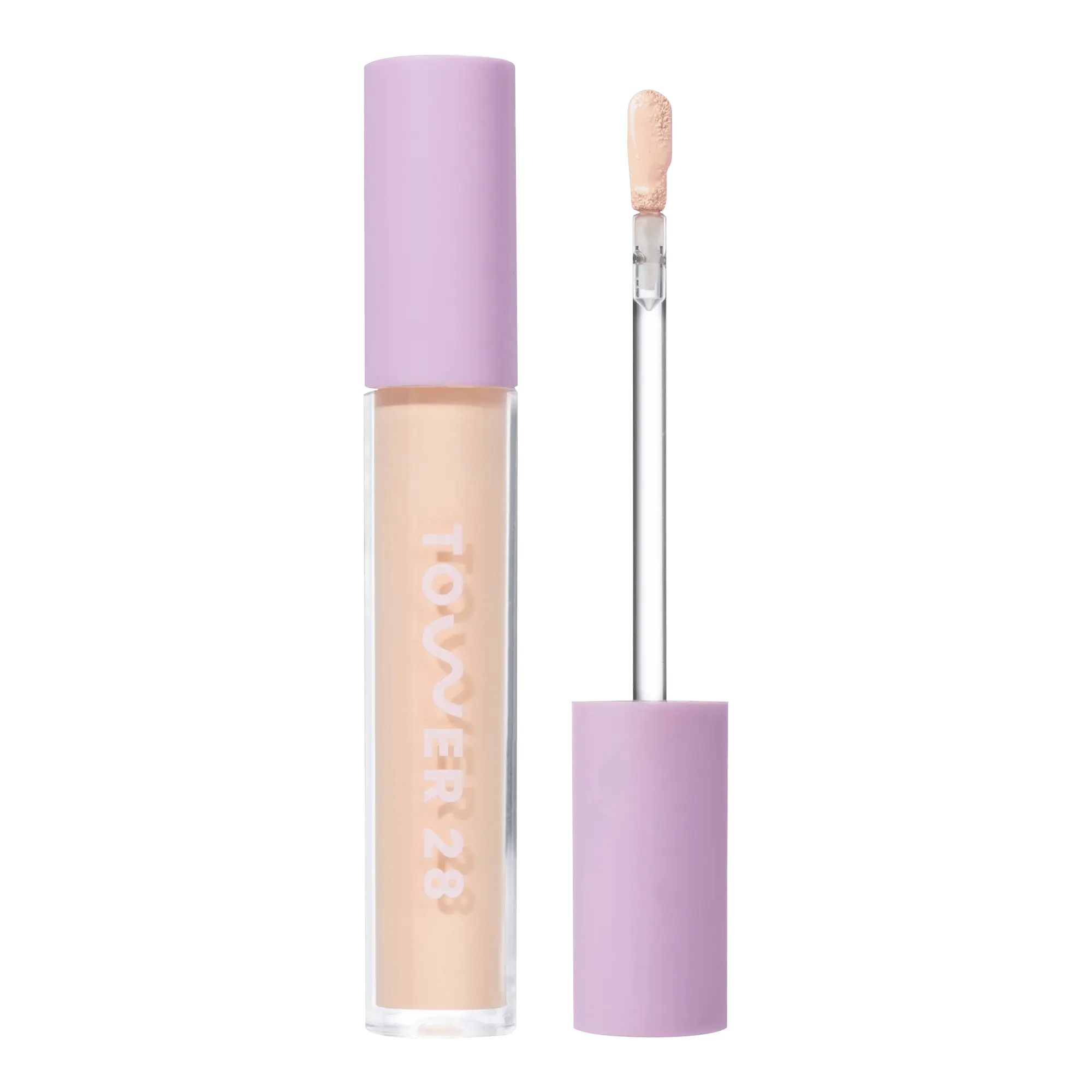 Tower 28 Beauty Swipe Serum Concealer in the shade 4.0 DTLA, shown with the tube standing upright next to the open applicator wand to reveal the product. [4.0 DTLA]