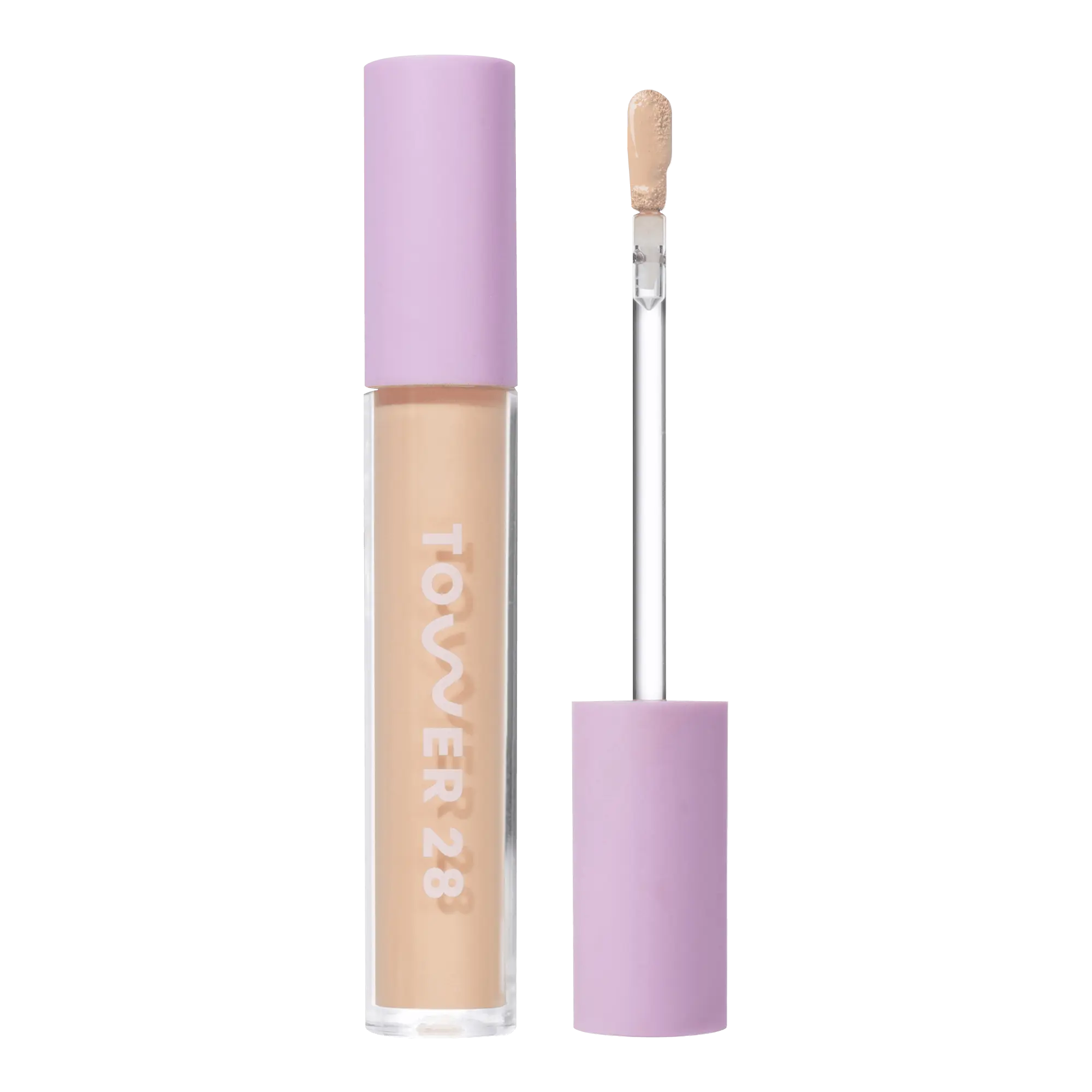 Tower 28 Beauty Swipe Serum Concealer in the shade 6.0 IE, shown with the tube standing upright next to the open applicator wand to reveal the product. [6.0 IE]