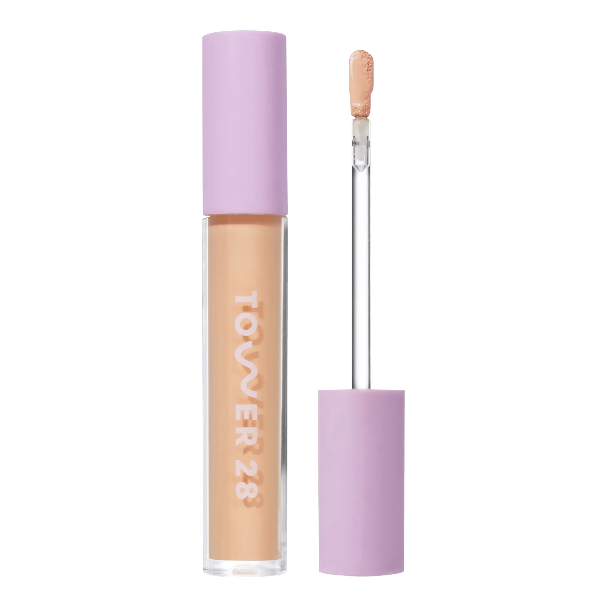 Tower 28 Beauty Swipe Serum Concealer in the shade 7.0 KTOWN, shown with the tube standing upright next to the open applicator wand to reveal the product. [7.0 KTOWN]
