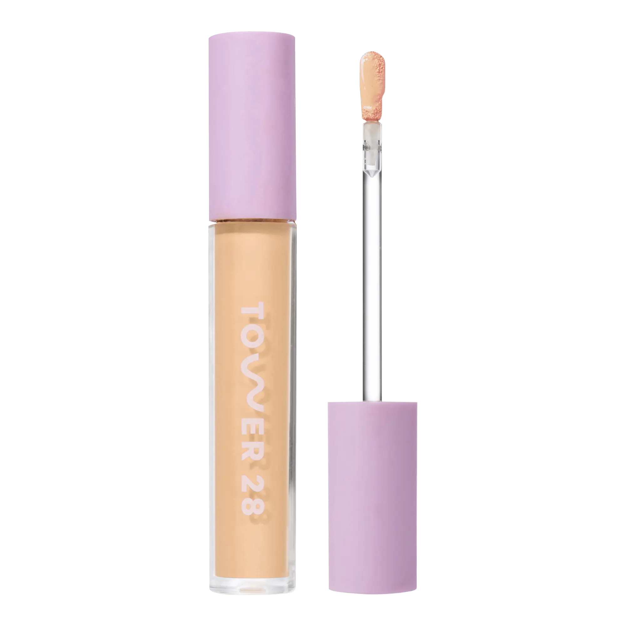 Tower 28 Beauty Swipe Serum Concealer in the shade 8.0 LBC, shown with the tube standing upright next to the open applicator wand to display the product. [8.0 LBC]