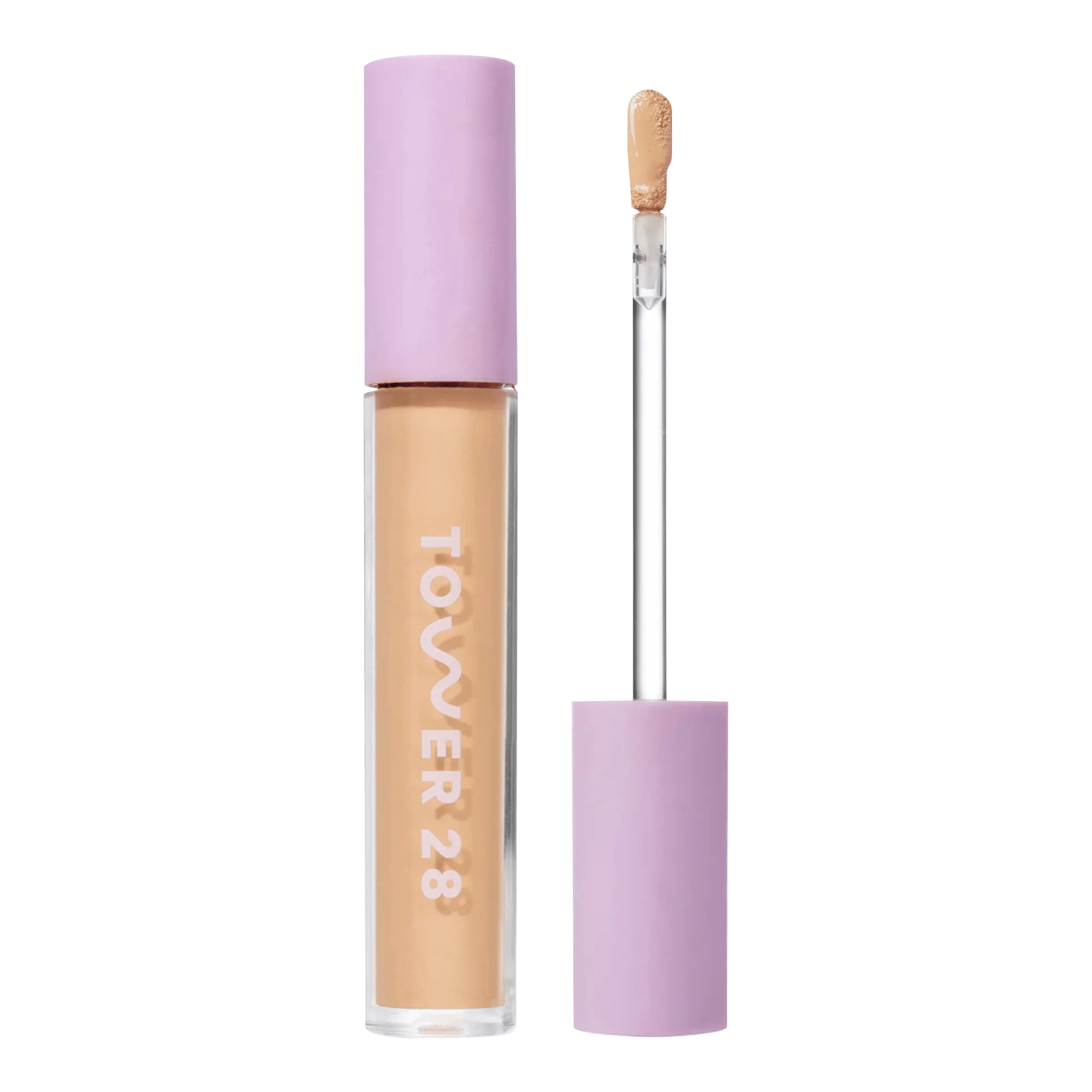Tower 28 Beauty Swipe Serum Concealer in the shade 9.0 MDR, shown with the tube standing upright next to the open applicator wand to reveal the product. [9.0 MDR]