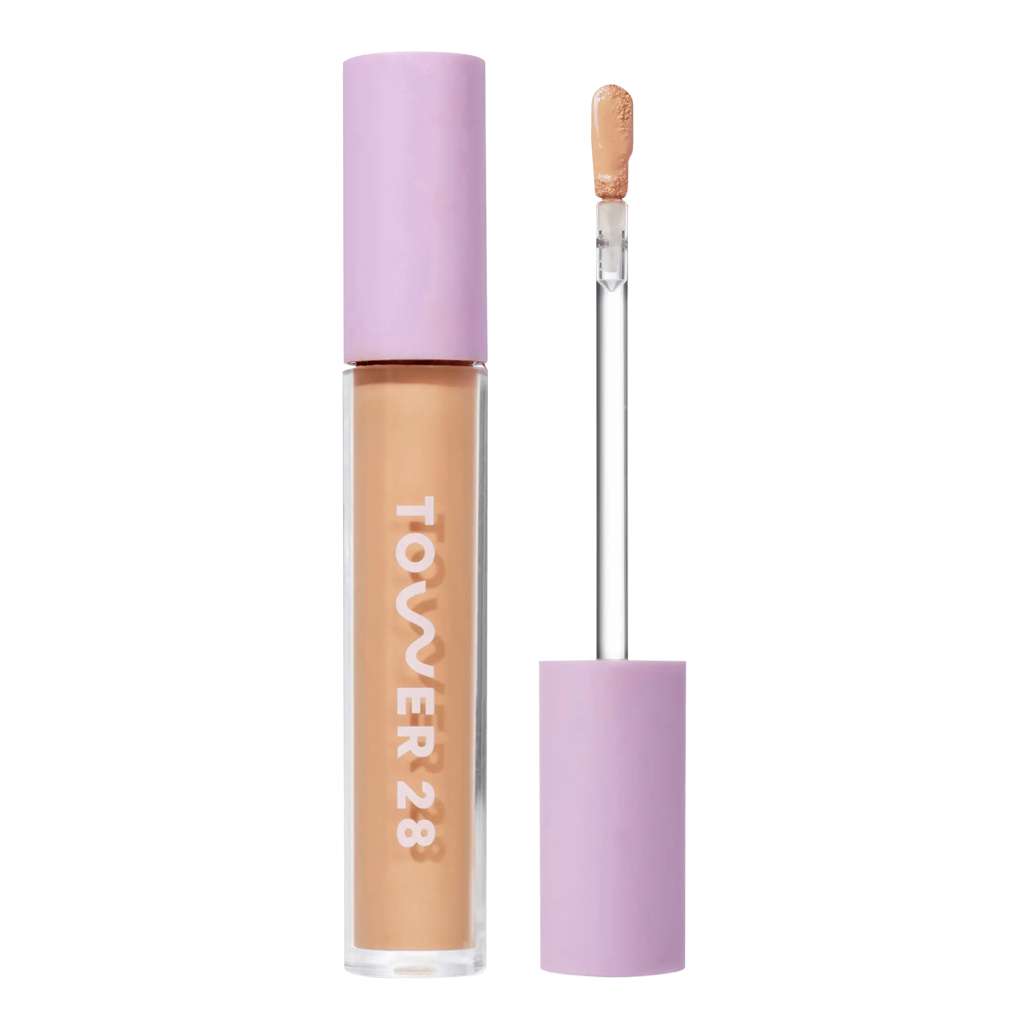 Tower 28 Beauty Swipe Serum Concealer in shade 10.0 NOHO, with the tube standing upright next to the open applicator wand, revealing the product. [10.0 NOHO]