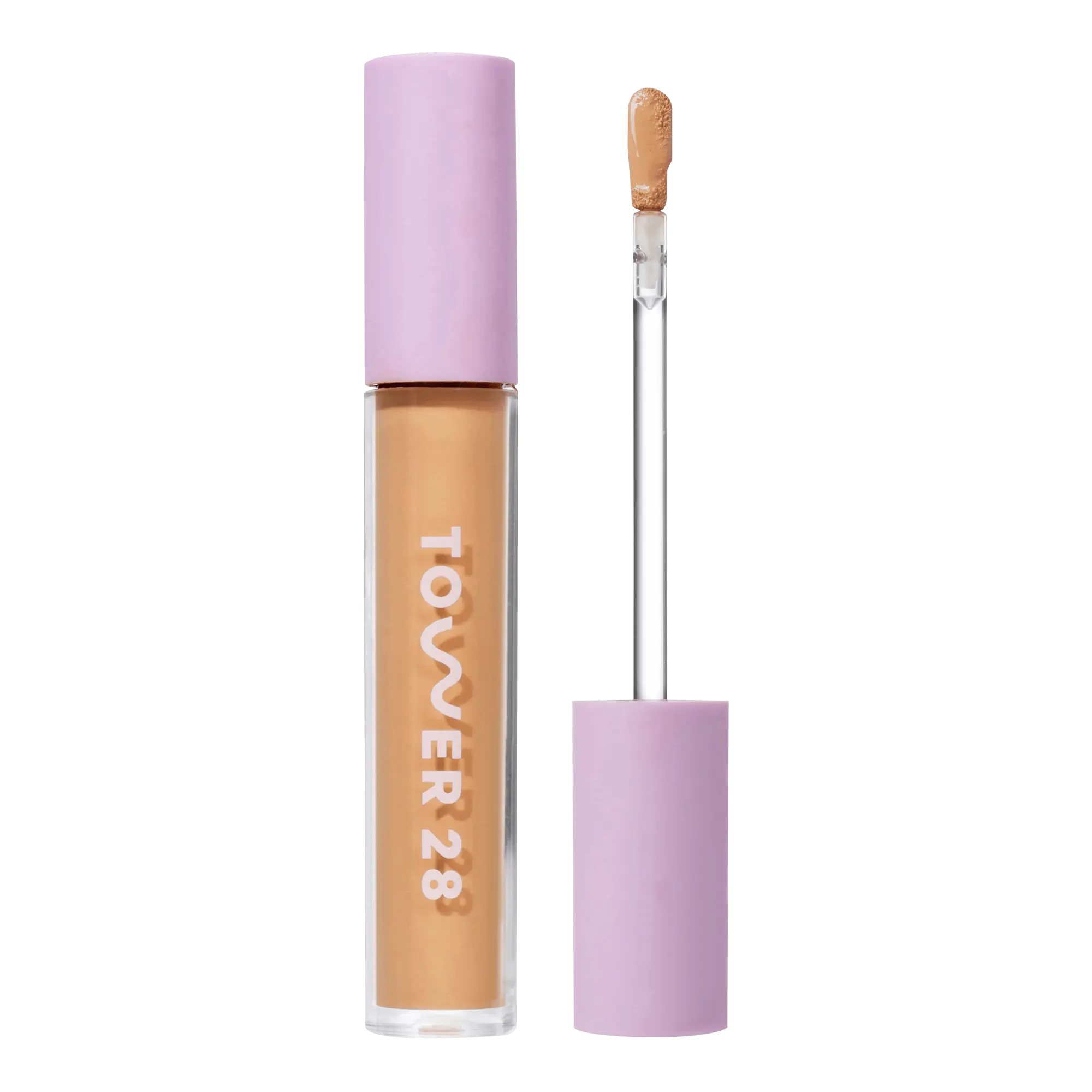 Tower 28 Beauty Swipe Serum Concealer in the shade 11.0 OC, shown with the tube standing upright next to the open applicator wand to reveal the product. [11.0 OC]
