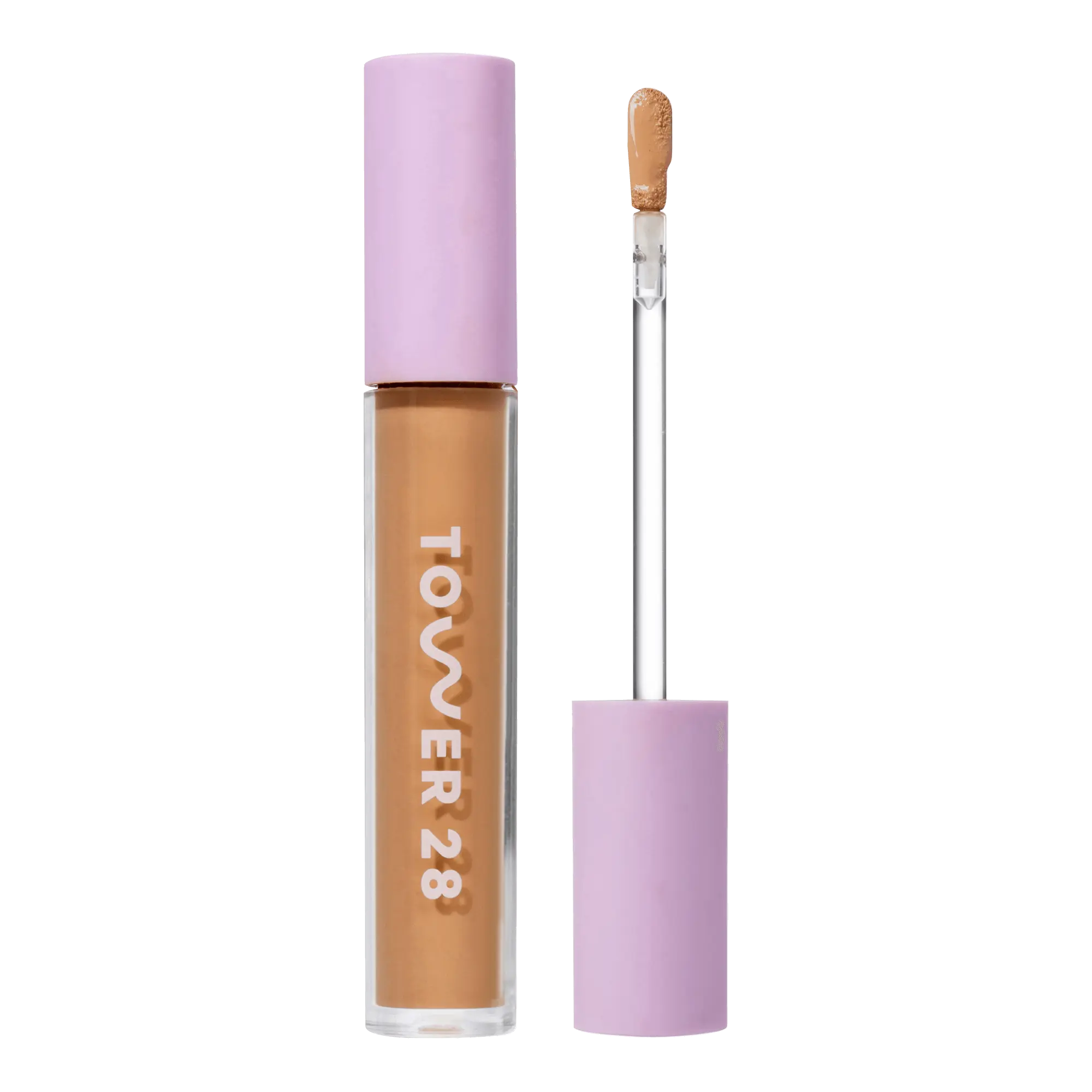 Tower 28 Beauty Swipe Serum Concealer in the shade 12.0 PALI, shown with the tube standing upright next to the open applicator wand to reveal the product. [12.0 PALI]