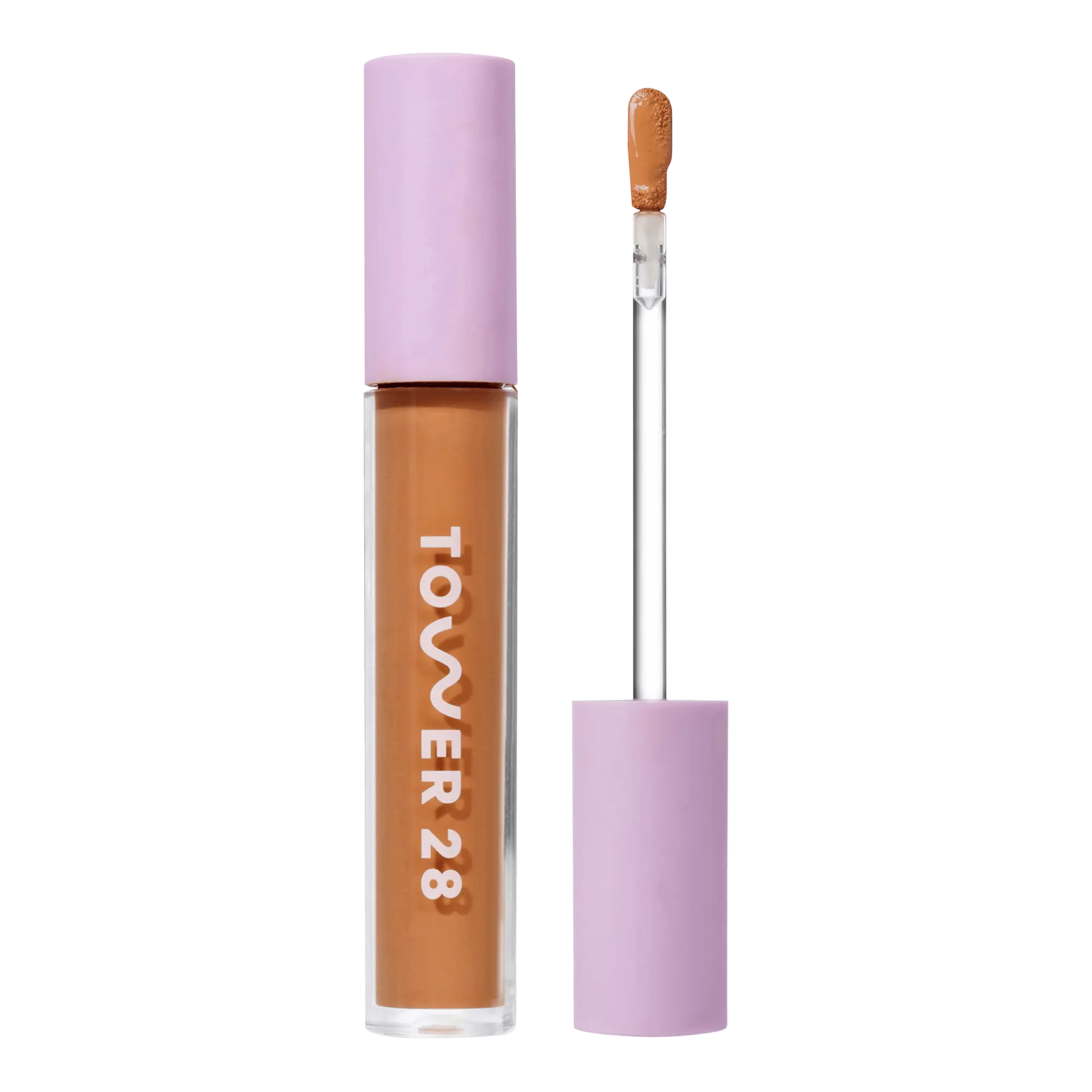 Tower 28 Beauty Swipe Serum Concealer in the shade 14.0 PV, shown with the tube standing upright next to the open applicator wand to reveal the product. [14.0 PV]