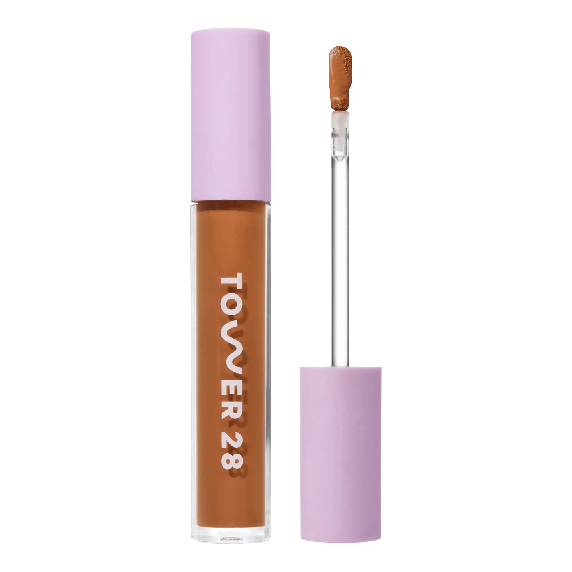 Tower 28 Beauty Swipe Serum Concealer in the shade 15.0 SAMO, shown with the tube standing upright next to the open applicator wand to reveal the product. [15.0 SAMO]