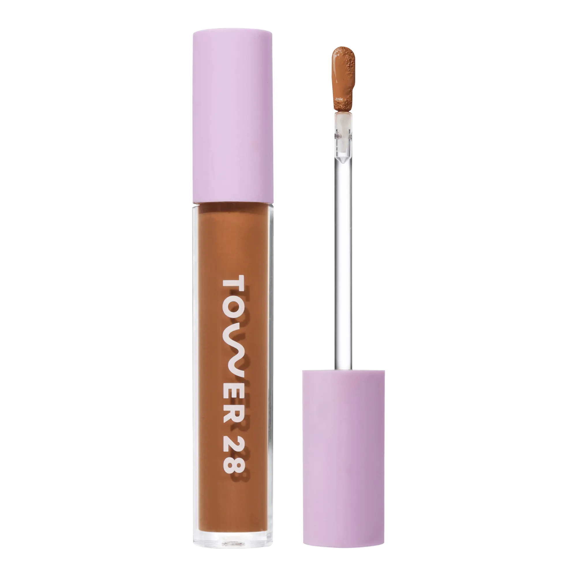 Tower 28 Beauty Swipe Serum Concealer in the shade 16.0 SB, shown with the tube standing upright next to the open applicator wand to reveal the product. [16.0 SB]