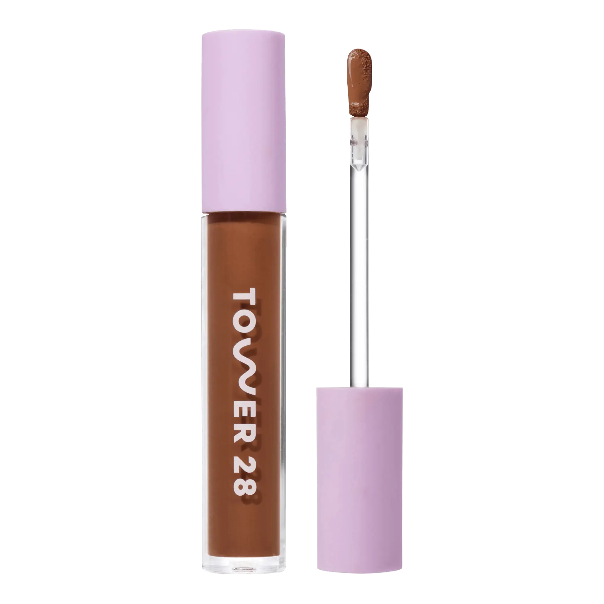 Tower 28 Beauty Swipe Serum Concealer in the shade 17.0 SD, shown with the tube standing upright next to the open applicator wand to reveal the product. [17.0 SD]