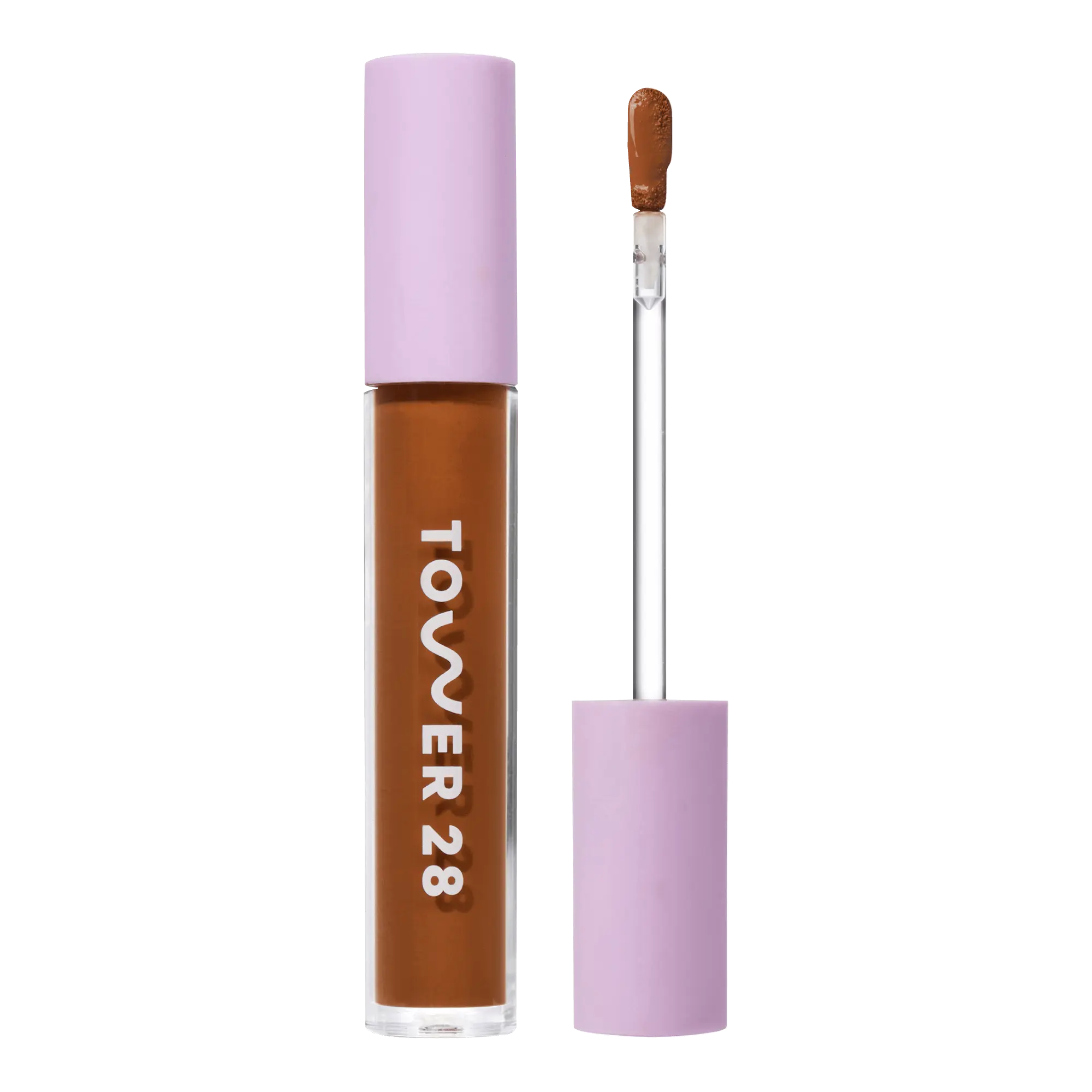 Tower 28 Beauty Swipe Serum Concealer in the shade 18.0 SGV, shown with the tube standing upright next to the open applicator wand to reveal the product. [18.0 SGV]