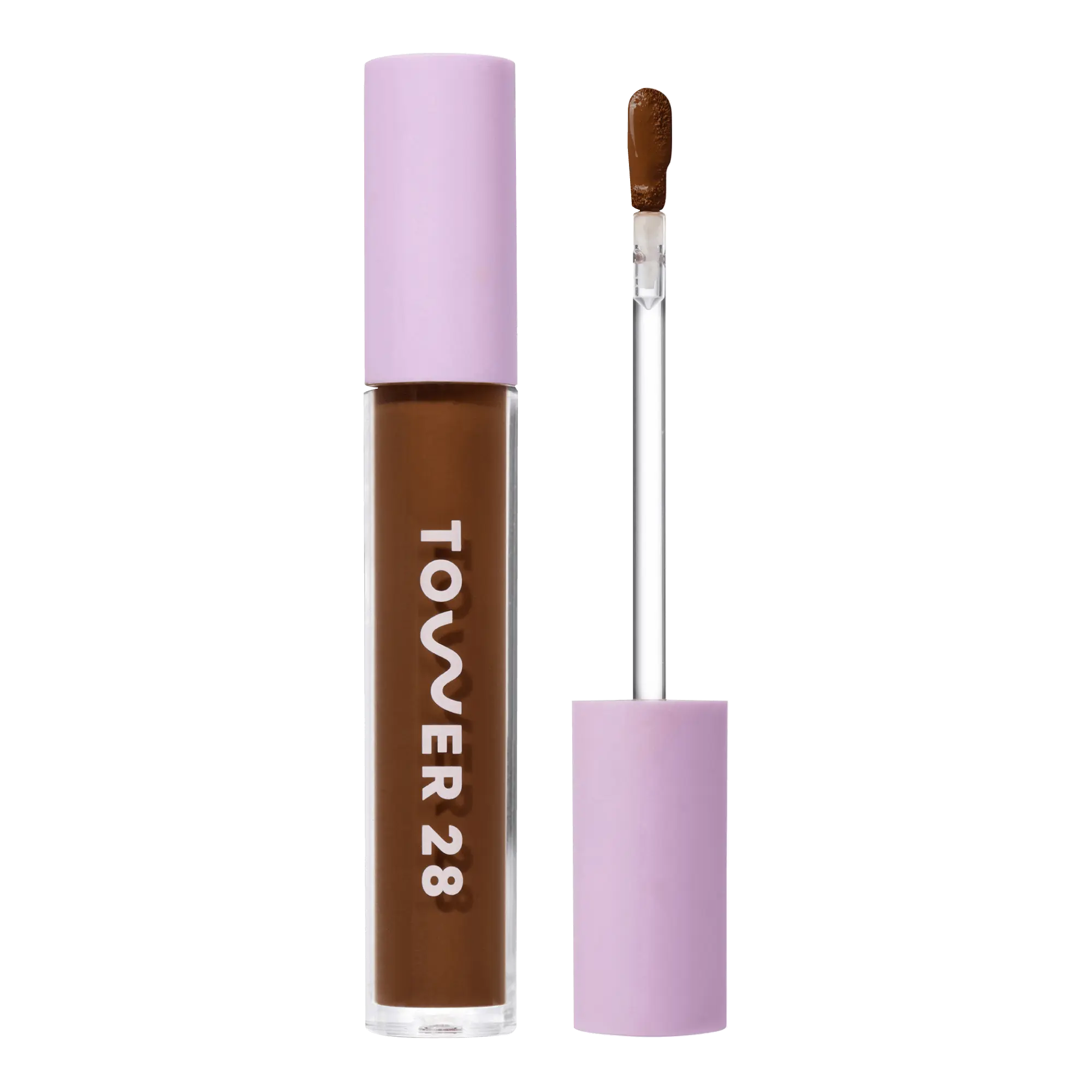 Tower 28 Beauty Swipe Serum Concealer in the shade 19.0 WEHO, shown with the tube standing upright next to the open applicator wand to reveal the product. [19.0 WEHO]